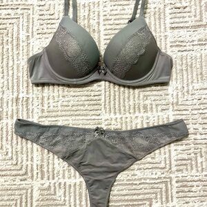 Like New: Adore Me Gray Silk Lace Bra and Thong Set (36B/XL Thong) (#5)